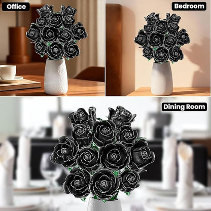 Black Rose Bouquet Building Set for Girls &amp Boys - 12 Pack Botanical Collection Gift for Easter Basket Artificial Flowers Botanical Collection Centerpiece Retro Decor