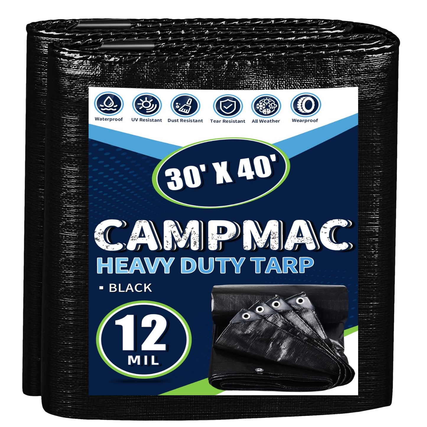 CAMPMAC Black Tarps Heavy Duty Waterproof 30x40, 12 Mil Thick, High Durability, Rip and Tear Resistant with Metal Grommets Every 20 Inches