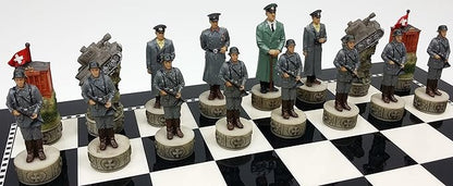 HPL World War 2 US vs Germany Chess Set Hand Painted W/High Gloss Black &amp White Board WW2