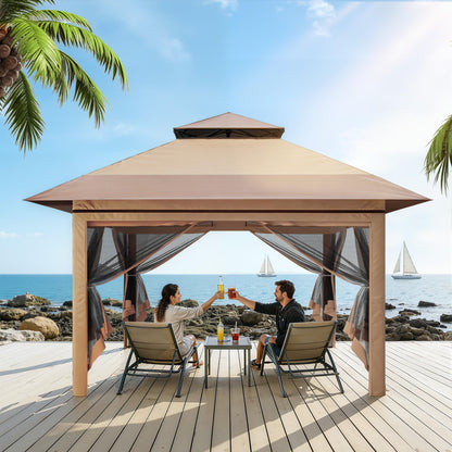 Driftalia 13x13 Pop Up Gazebo, Instant Outdoor Gazebo with Mosquito Netting, Vented Roof and Carry Bag for Patio, Garden & Backyard - Beige & Coffee