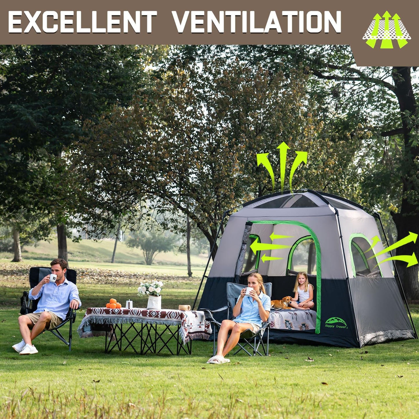 Happy Travel Tent 4 Person Tents for Camping, Waterproof Easy Setup Camping Tent with Top Rainfly, Portable Tall Cabin Tent with 4 Mesh Windows and Carry Bag for Outdoor Camping & Hiking