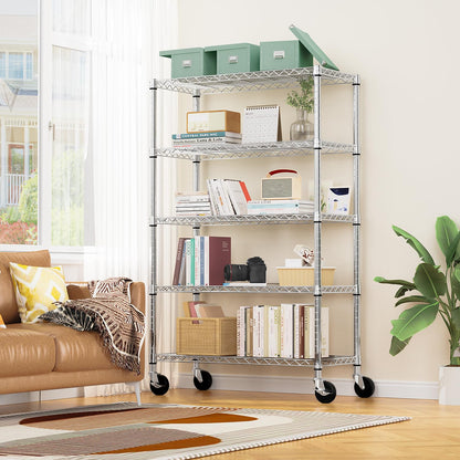M MZG 5-Shelf Storage Shelves,Wire Shelving Heavy Duty Metal Storage Shelving Unit Adjustable Garage Shelving Rack Pantry Kitchen (Chrome, 5 Tier,17.7" D x 47.2" W x 76.7" H)