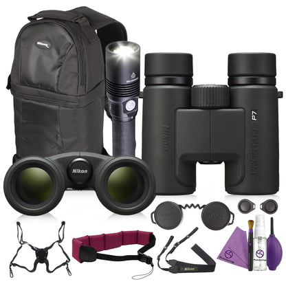 Nikon PROSTAFF P7 10x30 Binoculars Waterproof Fogproof Compact Bundle with LED Flashlight + ProStaff Suspender Harness Binocular Strap + Cleaning kit + Pro Sling Backpack + Floating Strap