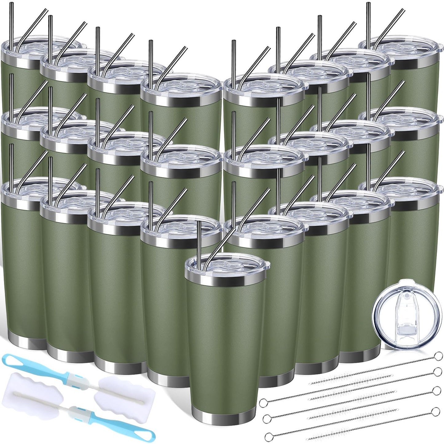 Sieral 25 Pack 20oz Tumbler Bulk Stainless Steel Cups Double Wall Vacuum Insulated Travel Mug Bulk Durable Tumblers with Lid and Straw Powder Coated Coffee Cups (Army Green)