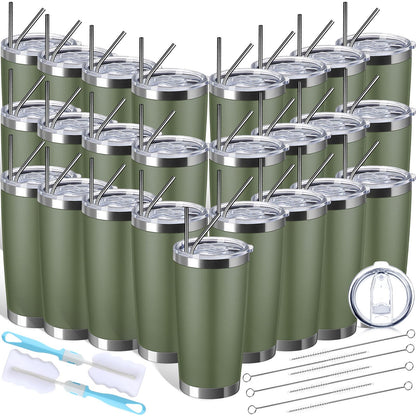 Sieral 25 Pack 20oz Tumbler Bulk Stainless Steel Cups Double Wall Vacuum Insulated Travel Mug Bulk Durable Tumblers with Lid and Straw Powder Coated Coffee Cups (Army Green)