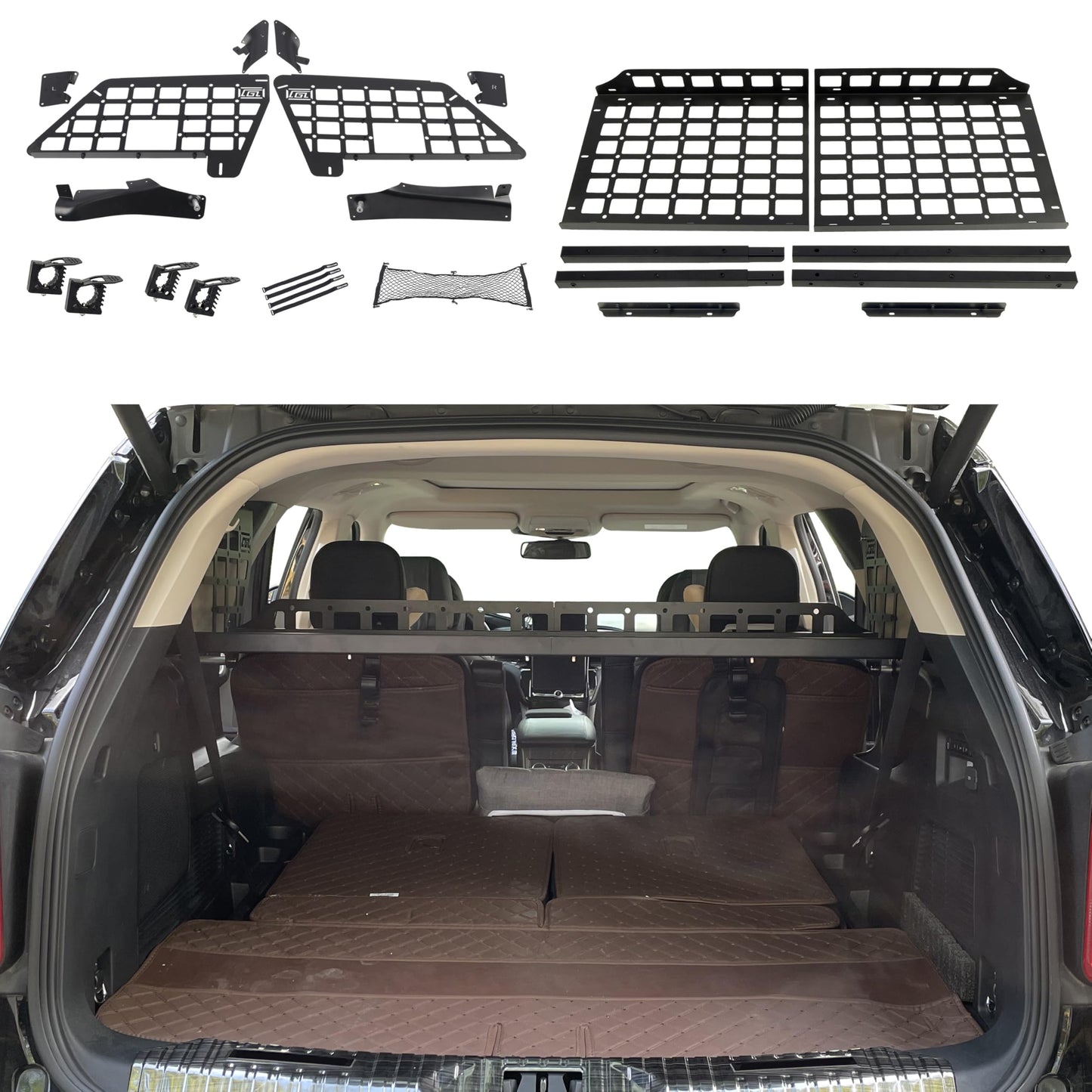 2020-2024 for Ford Explorer Modular Storage Panel Shelf Modification Molle Panel Rear Trunk Debris Rack Storage Carrier Trunk Organizer Kit Black Aluminum Alloy