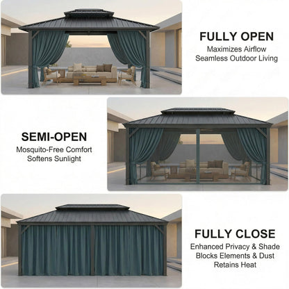 HOTEEL 10x12 Hardtop Gazebo On Clearance with Galvanized Steel Double Roof,Heavy Duty Gazebo with Flame-Retardant Curtain & Netting, Aluminum Frame Outdoor Canopy for Patio, Party, Black