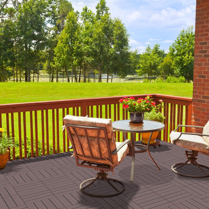 Goovilla Plastic Interlocking Deck Tiles, 36 Pack Balcony Flooring, 12"x12" Waterproof Outdoor Flooring All Weather Use, Patio Floor Decking Tiles for Porch Poolside Backyard Concrete, Dark Brown