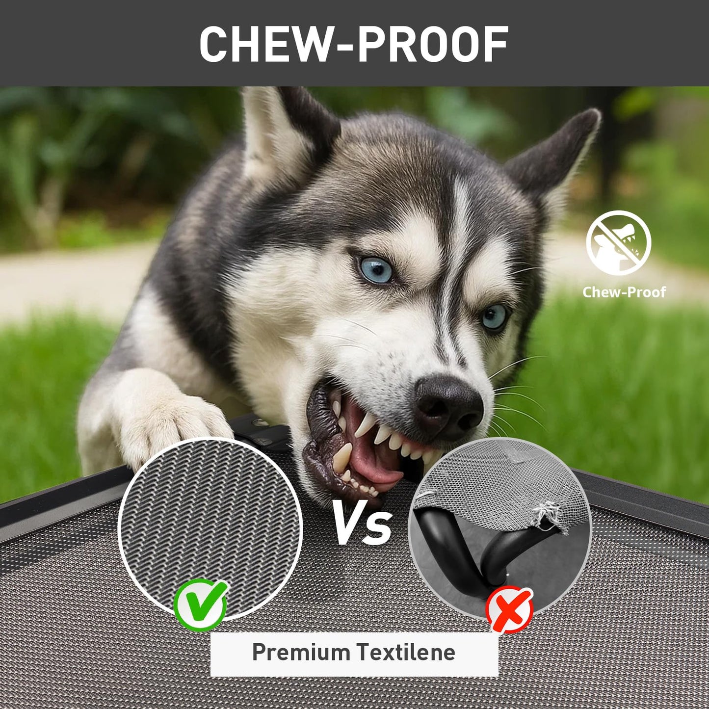 Sytopia 42'' Indestructible Outdoor Elevated Dog Bed for Large Dogs, Chew-Proof Pet Camping Raised Cot with Breathable Mesh - Durable Frame, Cooling Hammock Bed, Non-Slip Feet, Waterproof, Easy Clean