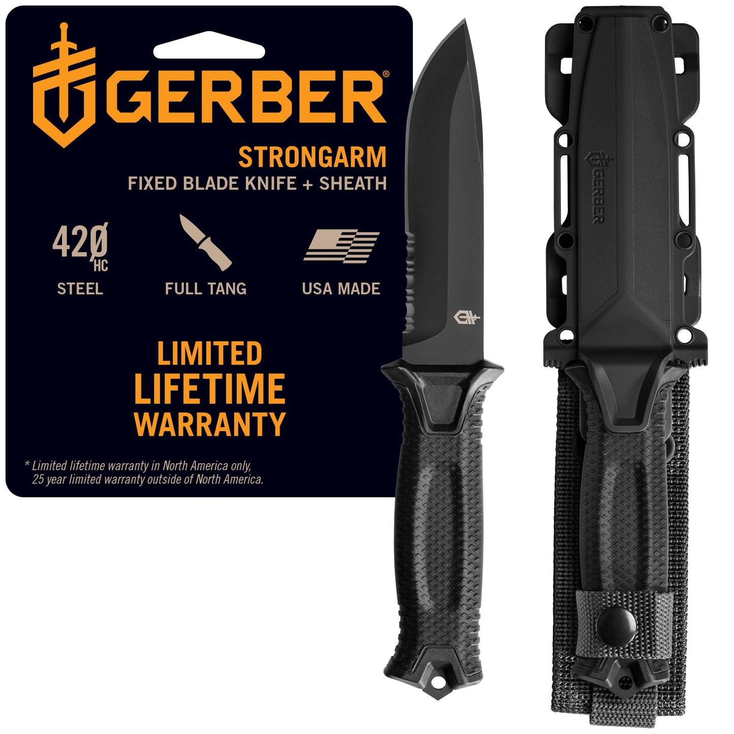 Gerber Gear StrongArm - Fixed Blade, Full Tang Knife - Camping Knife with Multiple Carry Options - Made in USA - Black, Serrated Edge