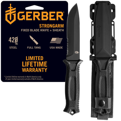 Gerber Gear StrongArm - Fixed Blade, Full Tang Knife - Camping Knife with Multiple Carry Options - Made in USA - Black, Serrated Edge