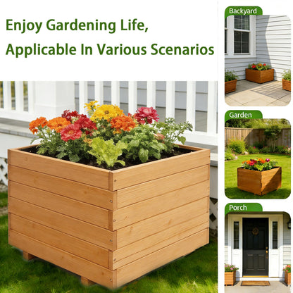 ScienGarden 15.75" Square Wooden Planter Box, 12.6" H Raised Garden Box, Fir Wood Outdoor Planter with 2 Drainage Holes, Reinforced Bottom Supports, Mortise & Tenon Corners, Water-Based Paint Finish