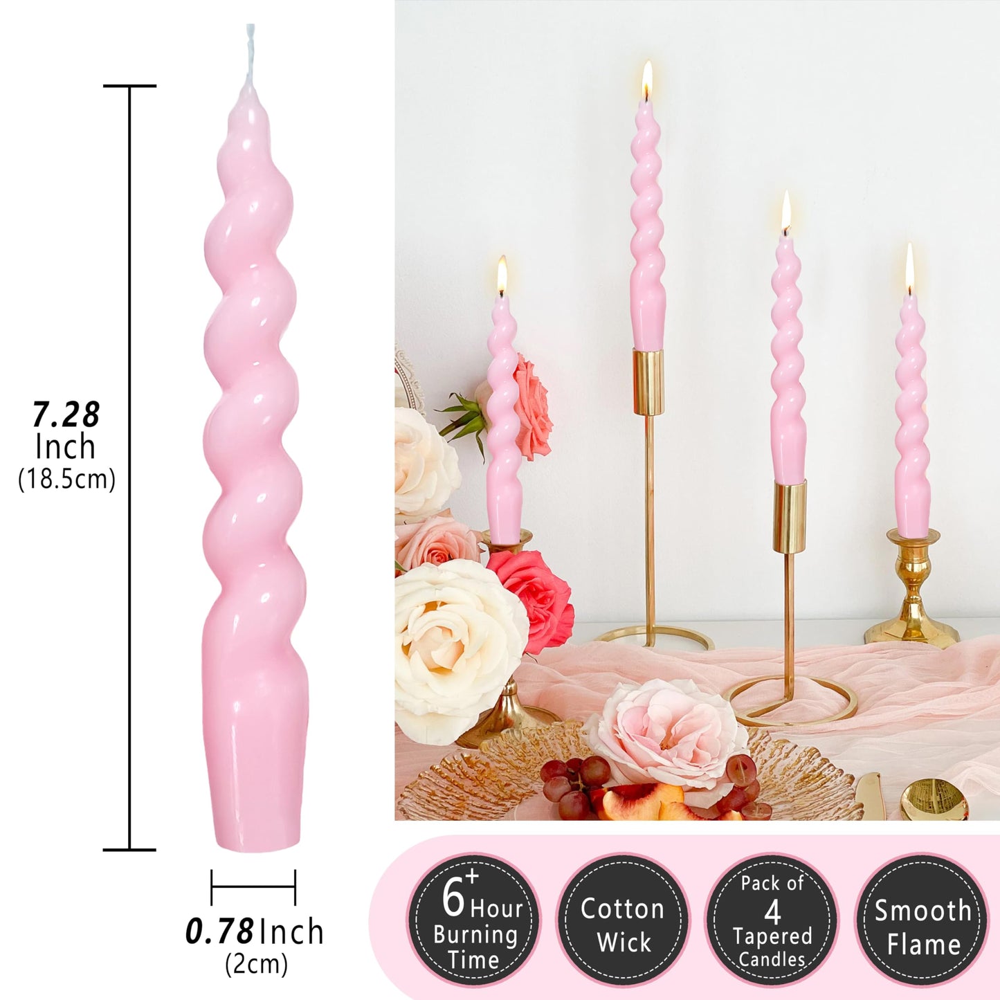 Spiral Taper Candle Twisted Candle Stick - 7 INCH Funky Candlesticks Pink Tapered Candles Unscented Dinner Candles for Home Décor Weddings Holiday