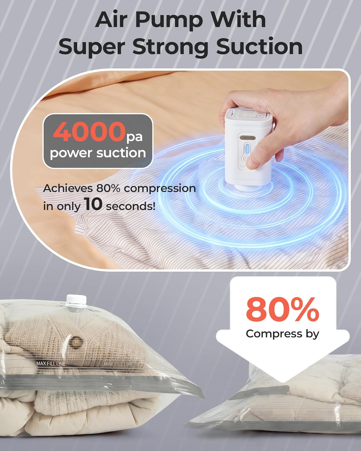 BAGSMART Vacuum Bags - Portable Space Saver with Rechargeable Air Pump | 18-Pack Gray for Travel & Home