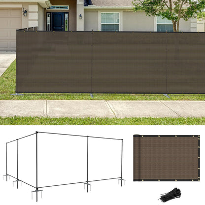 Coarbor Iron Poles Privacy Fence 5'H x 12'W Metal Fence Covering Privacy Fence Screen with Zipties and Base Anchor for Outside Garden Backyard Dog Kennel Chicken Pool, Brown