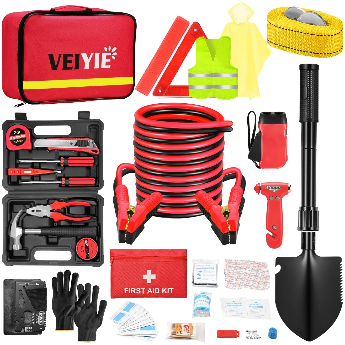 Roadside Emergency Car Kit for Vehicles, Pink Car First Aid Kit Emergency Kit with Jumper Cables, Car Safety Kits, Tow Strap, Tool Kit, Road Trip Assistance for Men, Women, New Driver Gifts