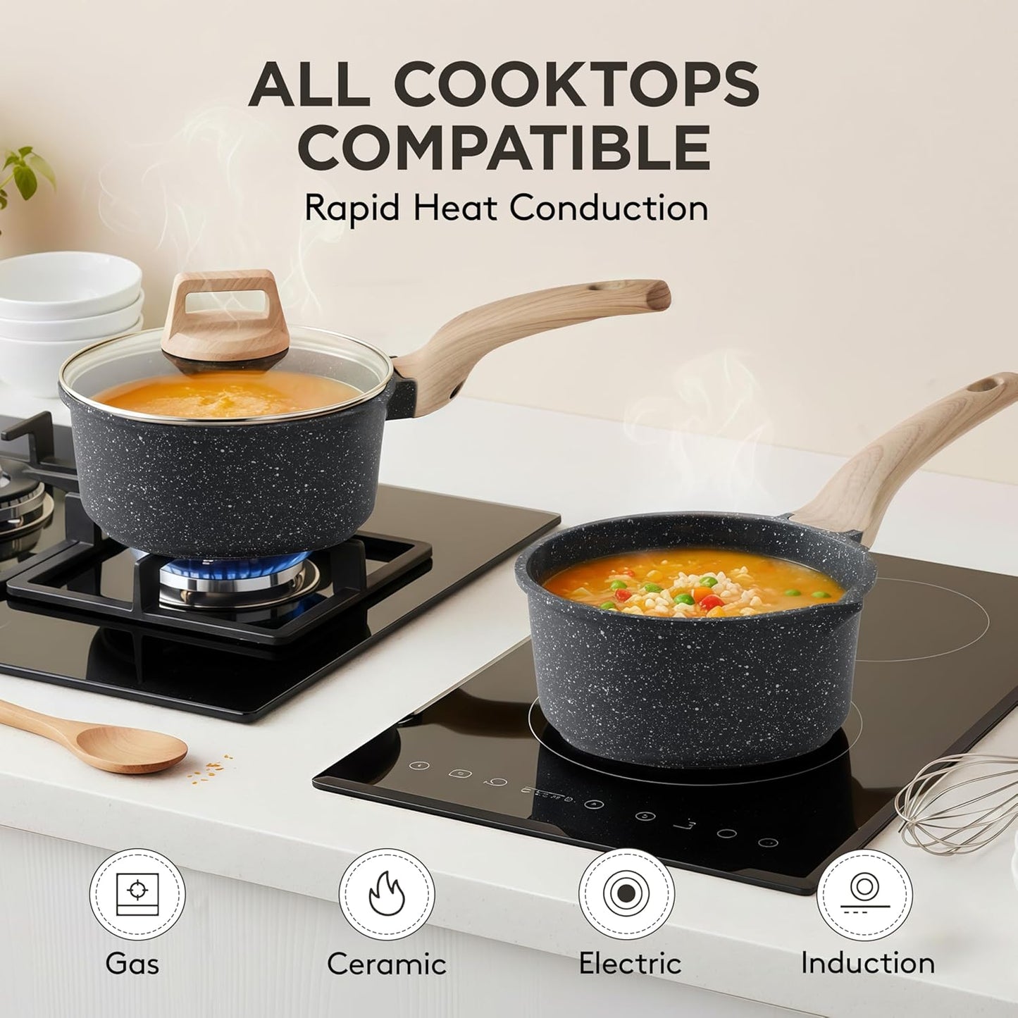 Skiennix Non-Stick Sauce Pan with Lid - Lightweight 1.5Qt Cooking Pot for Fast Heating & Induction Compatibility