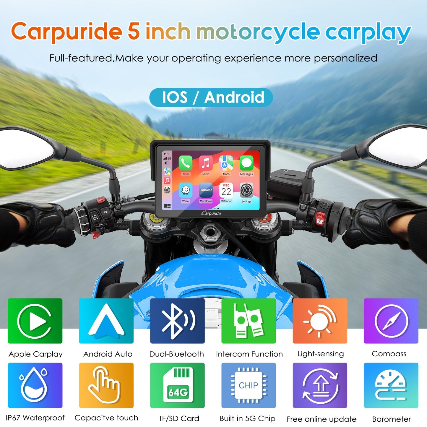 Carpuride W502PRO for Motorcycle CarPlay& Android Auto& Dual Bluetooth - 5" Waterproof GPS Navigation Screen for Motorbike, Music Sharing, Intercom, EQ, Light Sensor, Compass, Barometer