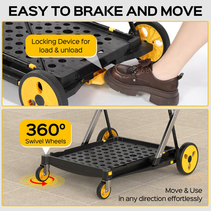 TOLRET Collapsible Shopping Cart with Wheels, 200 lbs Capacity Grocery Cart on Wheels with Storage Crate, Platform Hand Truck with Foot Brake, Yellow