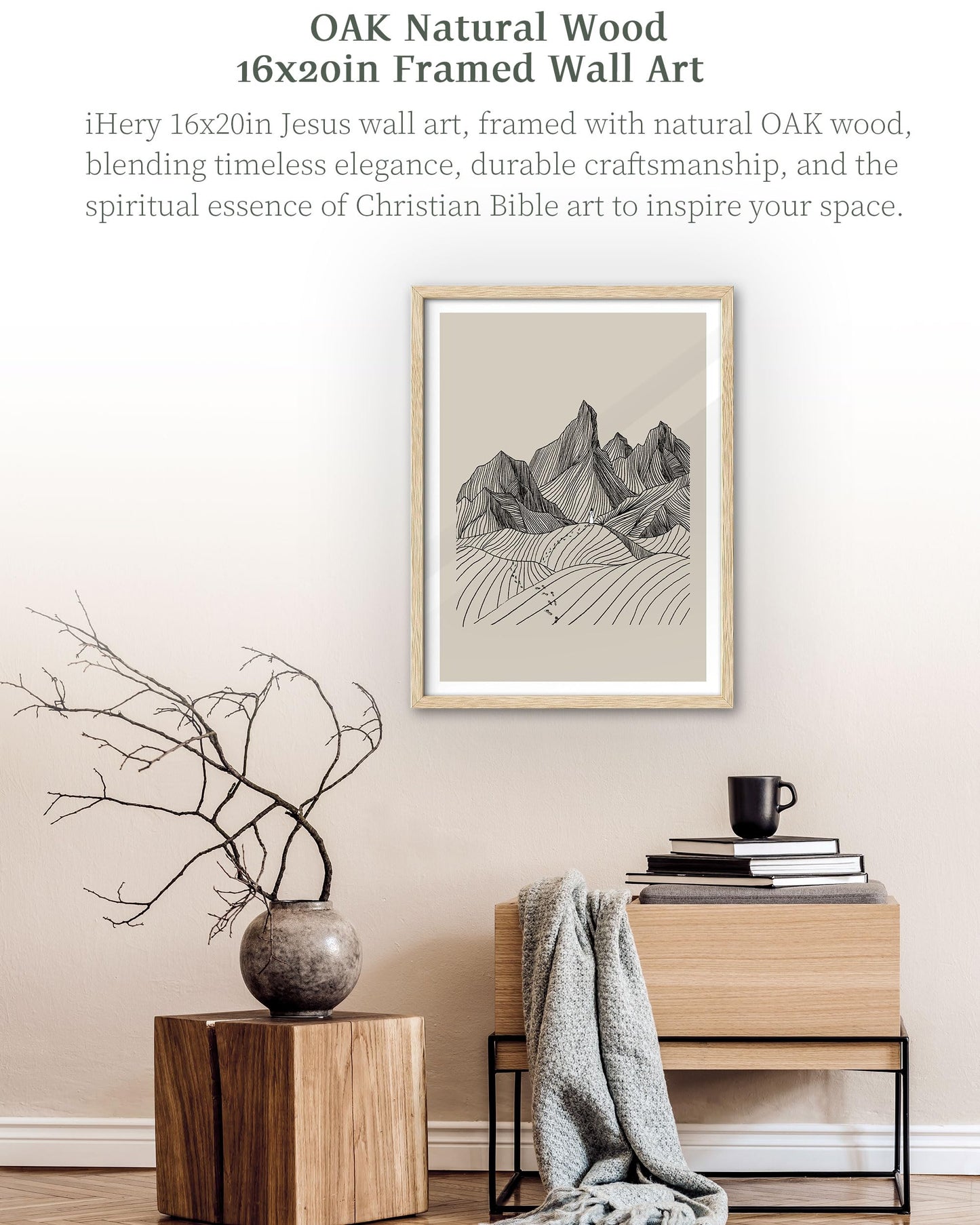 iHery Natural OAK Wood Jesus and Peter Walk on Water Framed Wall Art, 12x16 in Modern Sketch Bible Verses Canvas Art Decor, Beige Logs Boho Scripture 1Pack for Living Room Bedroom