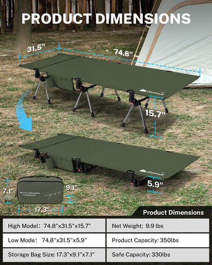 Gonex 31.5" Extra Wide Camping Cot with Leg Extenders 2 in 1 Portable Folding Cot for Adults Height Adjustable Supports 350lbs Sleeping Bed for Backpacking Travel Beach Home (Army Green)