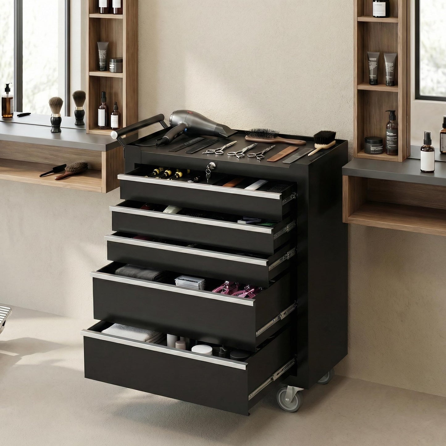Garvee Rolling Tool Chest, 5 Drawers Tool Storage Cabinet, Toolbox with Wheels, Portable Tool Cabinet Organizer with Locking System & Drawer Liners, Tool Storage Cart for Garage, Workshop, Black