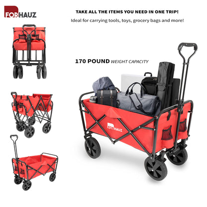 ForHauz Folding Collapsible Heavy Duty Wagon Cart with All-Terrain Wheels for Outdoor Utility, Beach and Garden, Red