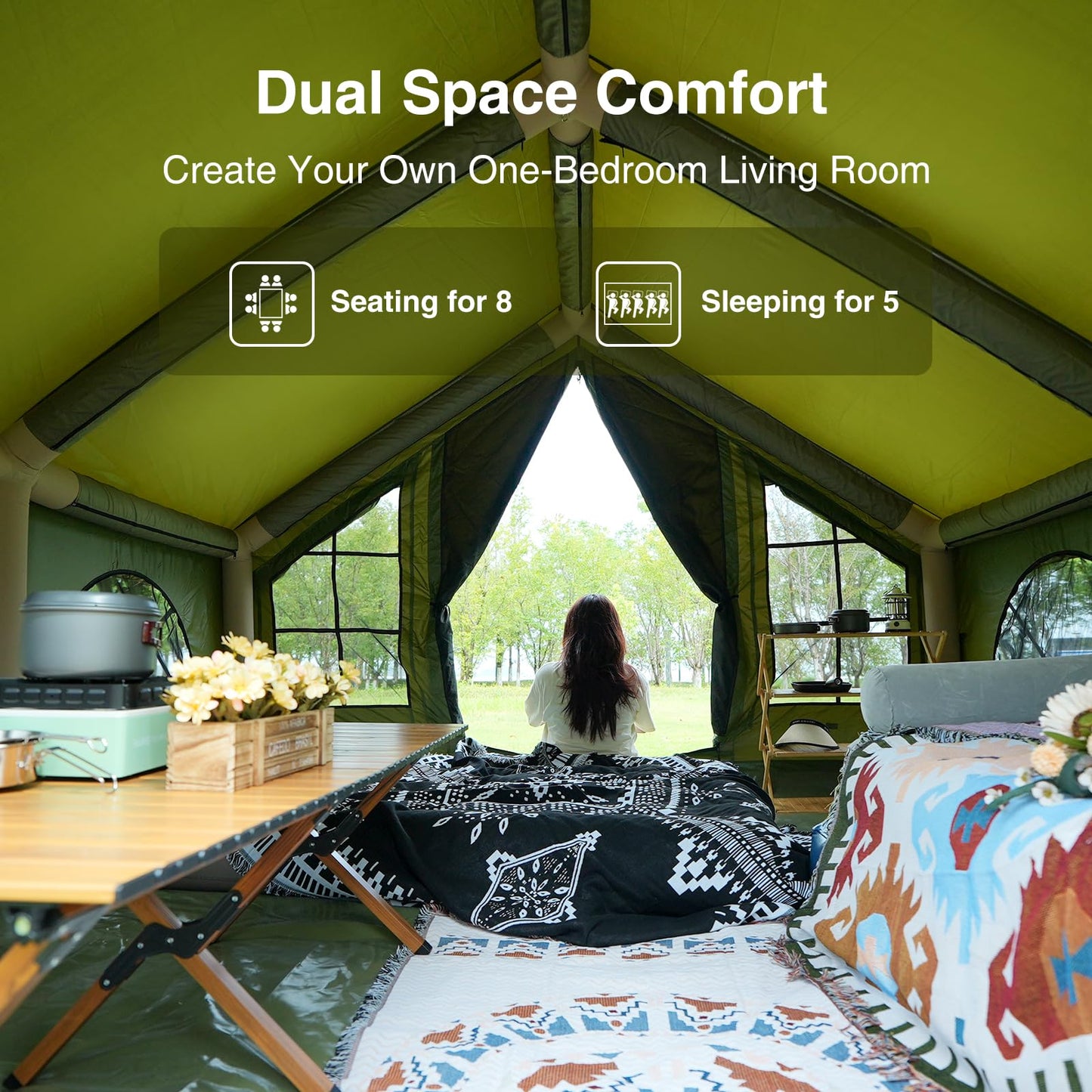 KNUO 2026 Upgraded Waterproof Inflatable Camping Tent for 5-8 People, Large Blow-Up Air Tent, No Assembly Needed Luxury Glamping House, 10x10ft Oxford Fabric,Green