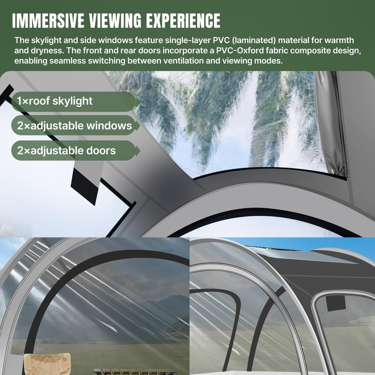 Camping & Sports Tent, 82x59x65 in, 3-4 Person PVC Tunnel Tent, Weatherproof Sunshade, No Condensation, Spacious Interior, Ultra Visibility for Sports Events Camping Fishing Cheering