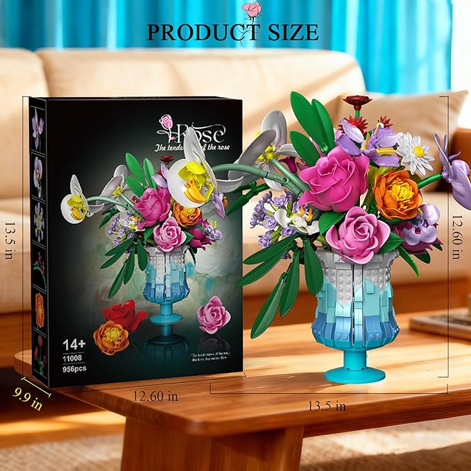 Flower Building Set with Vase Artificial Botanical Flower Set for Adults Women Home Décor Display Romantic Gift for Christmas Valentine’s Day Compatible with Lego Flower 956 PCS