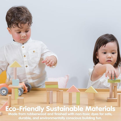 PlanToys 40 Piece Unit Block Building and Construction Block Set (5507) | Pastel Color Collection |Sustainably Made from Rubberwood and Non-Toxic Paints and Dyes