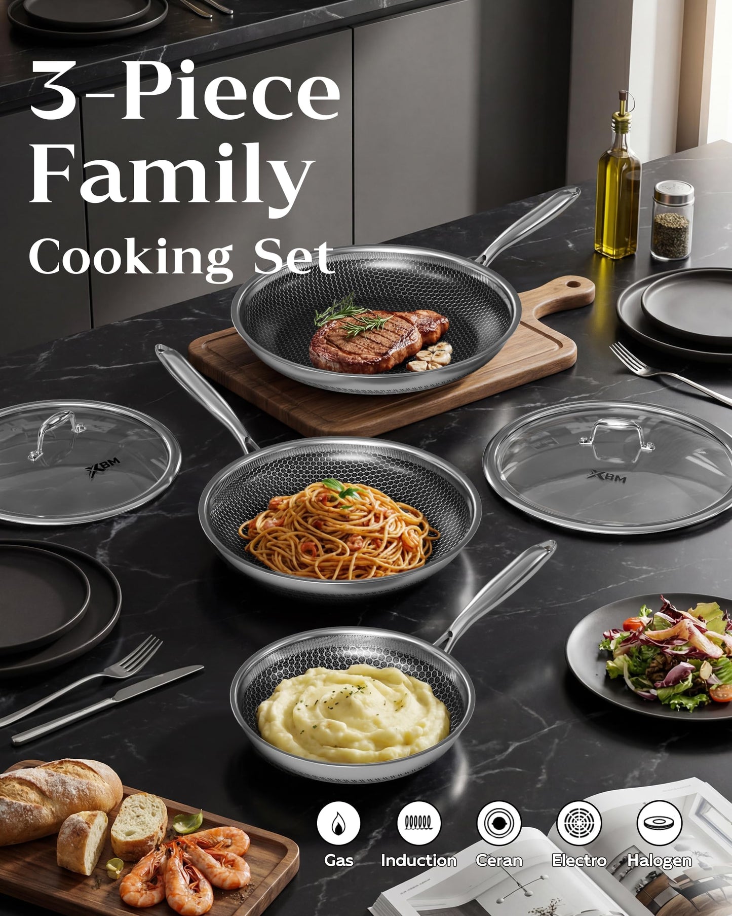 XBM Nonstick Frying Pan Set with 3 Lids, 8+10+12 Inch, Honeycomb Stainless Steel Skillet Pans Set, PFOA-Free Scratch-Proof, Dishwasher & Oven Safe, Compatible with All Cooktops