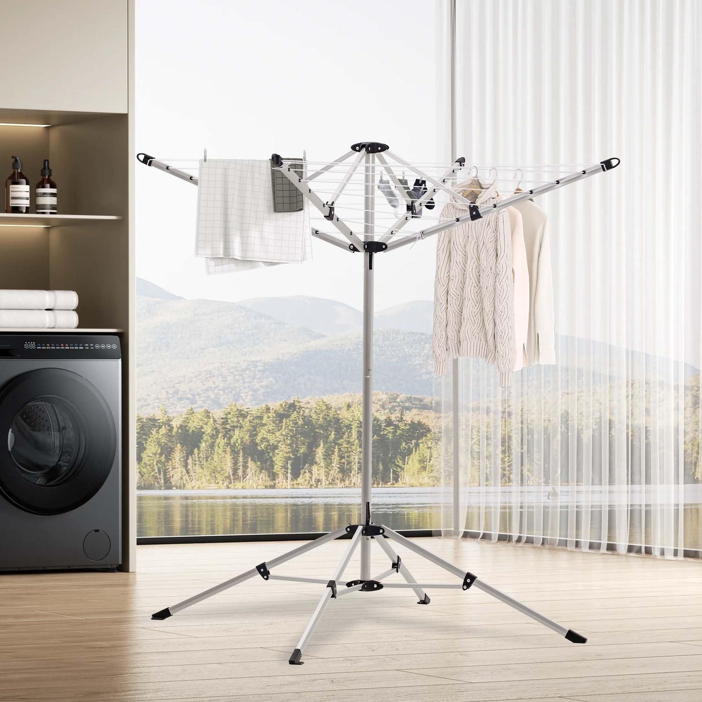 JS HANGER Portable Umbrella Clothesline, 65 Ft of Hanging Space, Pre-Strung with Stable Base,4-arm Drying Rack for Indoor and Outdoor Clothes