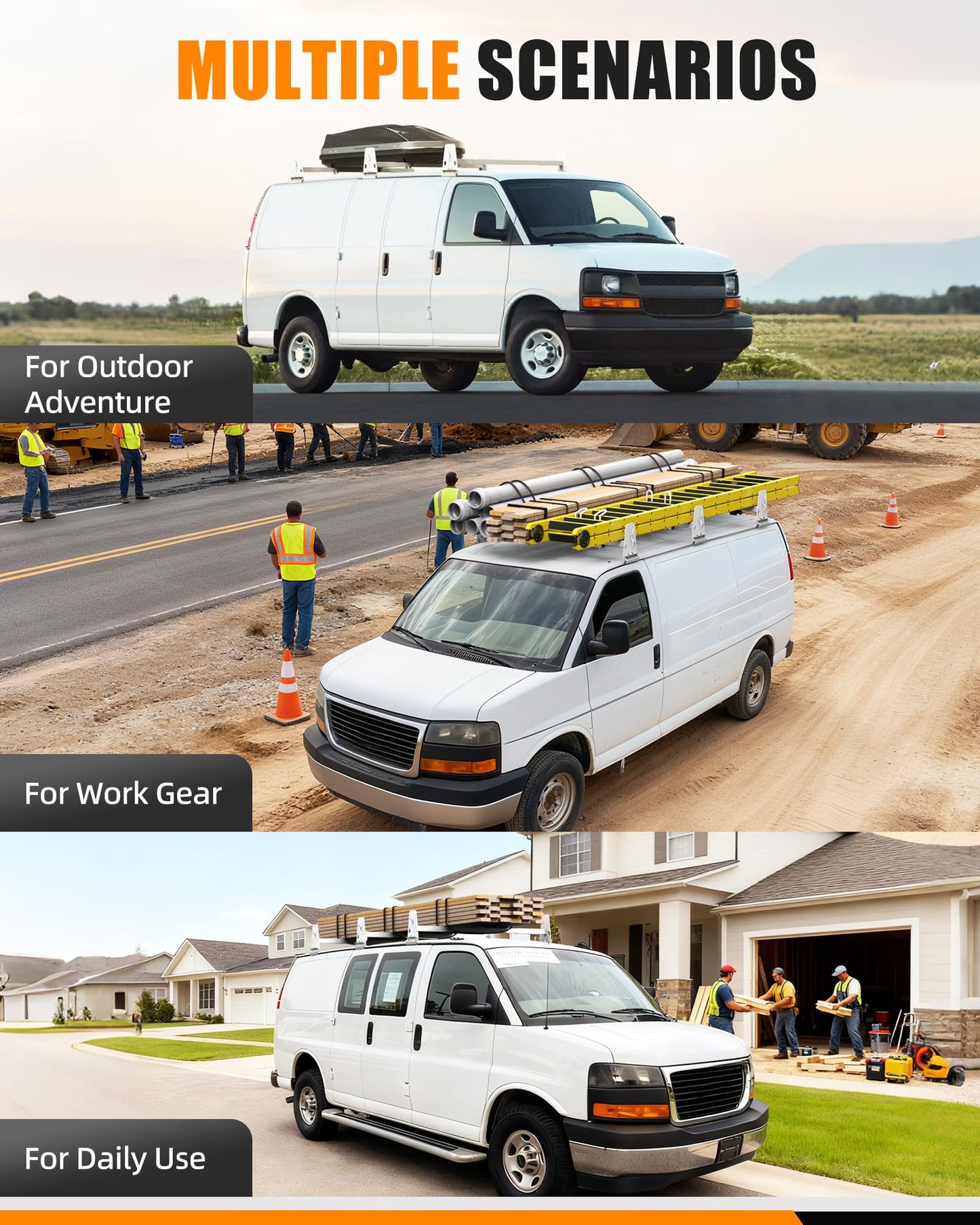 MELIPRON 850 lbs Van Roof Ladder Rack Fit for Chevy Express 1500 2500 3500, for 1996–2025 Cargo Vans with Rain Gutters, No Drill, Heavy Duty for Commercial Use