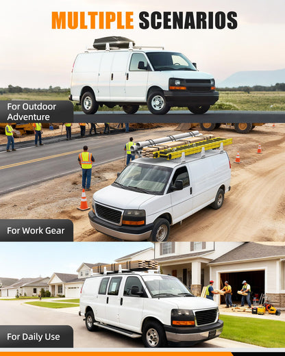 MELIPRON 850 lbs Van Roof Ladder Rack Fit for Chevy Express 1500 2500 3500, for 1996–2025 Cargo Vans with Rain Gutters, No Drill, Heavy Duty for Commercial Use