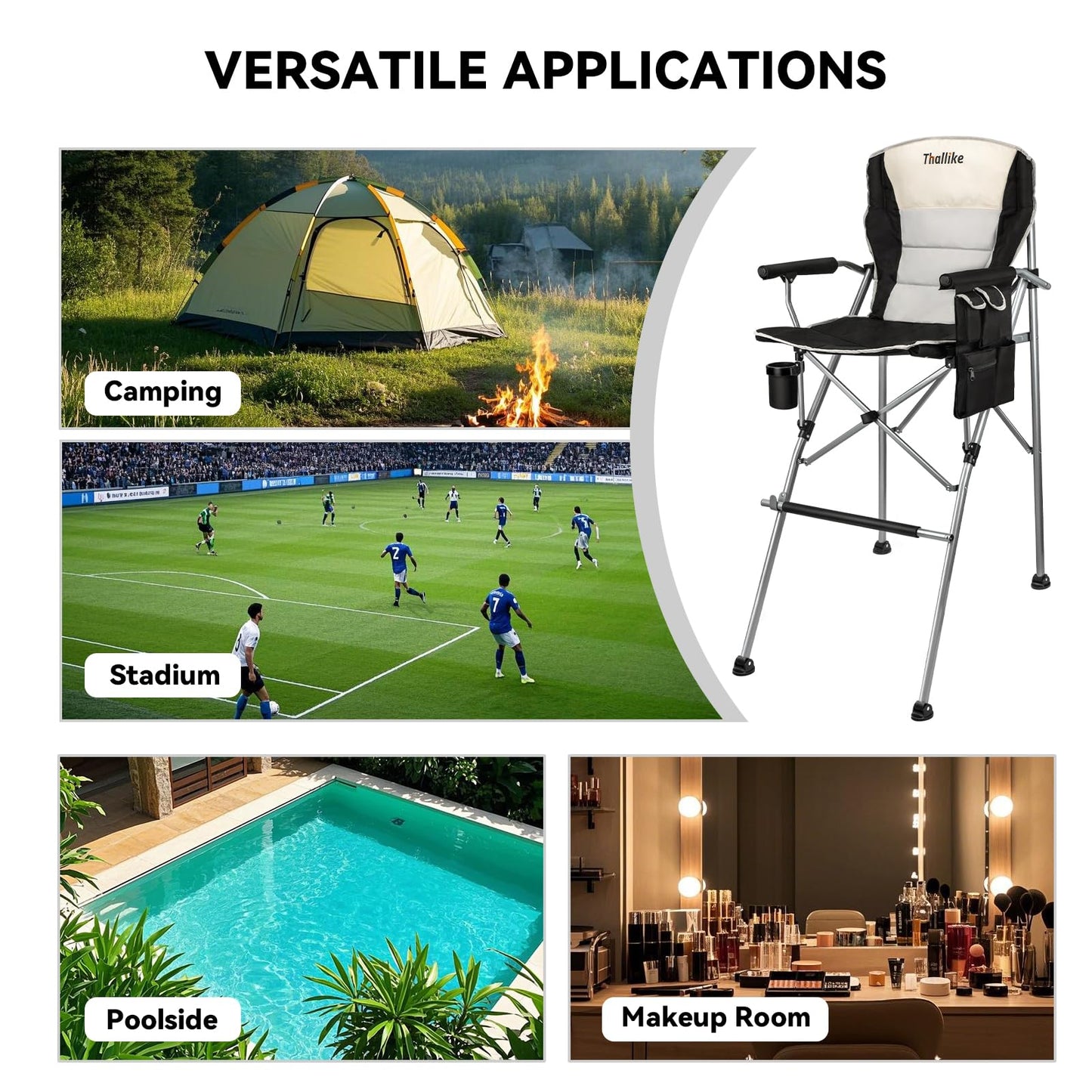 Thallike Foldable Directors Makeup Salon High Chair - Portable Camping Bar Height Folding Photoshoot Chairs with Stroage Bag Cup Holder Non-Slip Footrest, Supports 400 lbs Black Tall Director Chair