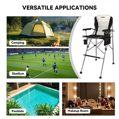 Thallike Foldable Directors Makeup Salon High Chair - Portable Camping Bar Height Folding Photoshoot Chairs with Stroage Bag Cup Holder Non-Slip Footrest, Supports 400 lbs Black Tall Director Chair