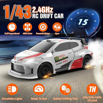 RC Drift car 1/43 Mini Rc Drift car with Gyroscope 2.4GHz Full Proportional Remote control Cars 4WD High Speed Racing with Lights Racing Tires Model Cars Gift for Adults Kids Boys Girls