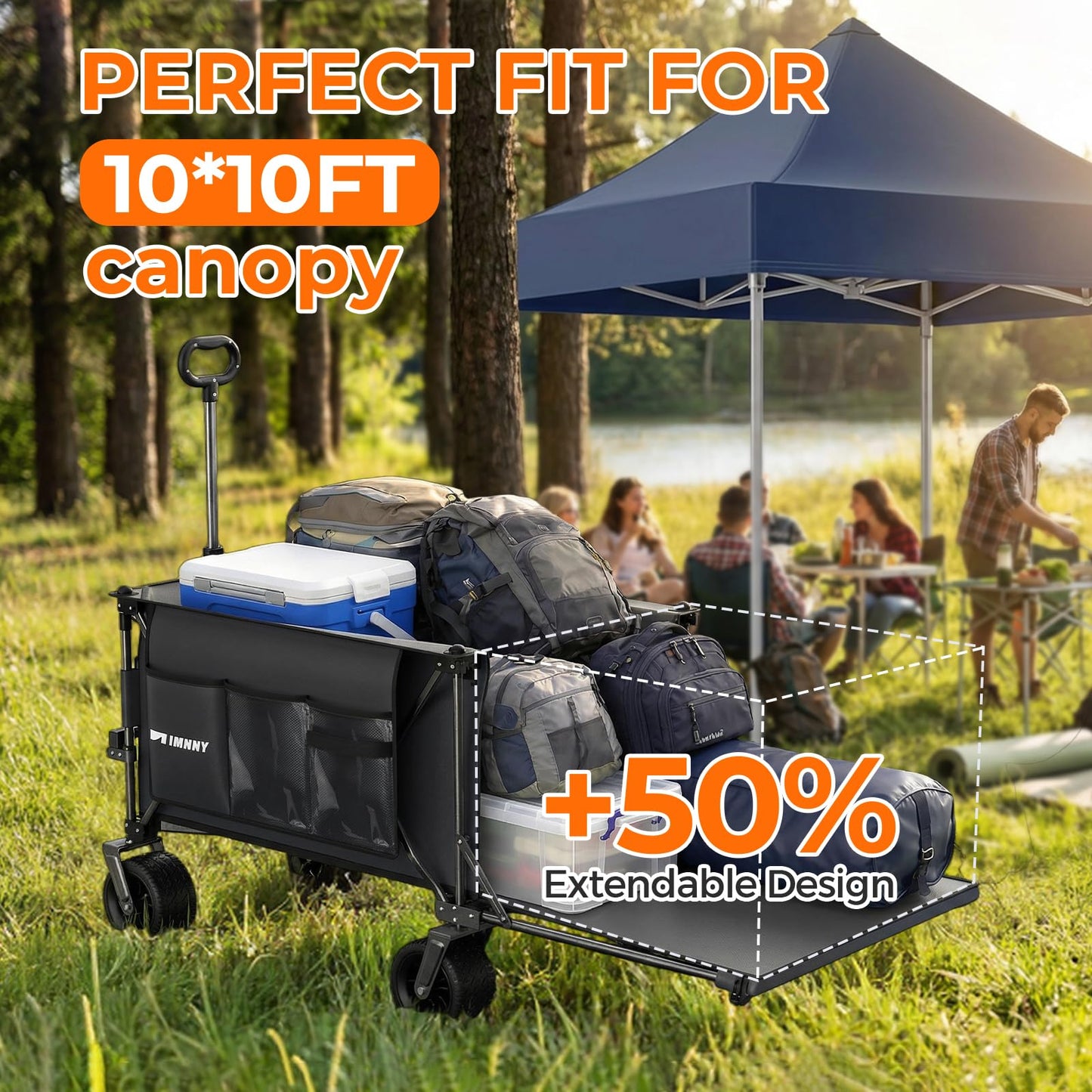 Aimnny 55" Collapsible Wagon with Tailgate & Brakes - 500LBS Heavy Duty Multi-Terrain Cart, 300L Foldable Utility Wagon with Cup Holders & Side Pockets for Beach Sand Camping Sports Shopping (Black)