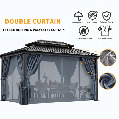 HOTEEL 10x12 Hardtop Gazebo on Clearance with Heavy Duty Galvanized Steel Double Metal roof,Aluminum Frame,Patio Hard Top Screened in Gazebo with Curtains,Outdoor Permanent Pavillon for Backyard,Gray