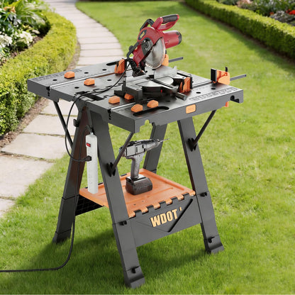 WDOT 2-in-1 Folding Work Bench & Sawhorse, Easy Setup Portable Work Table, 31" W x 25" D x 32" H, Laser-Engraved Scale,Lightweight Worktable with Large Load Capacity, 2 Clamps & 6 Bench Dogs