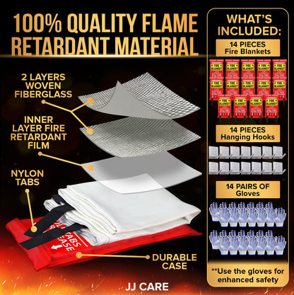 JJ CARE Fire Blanket – 14 Packs with Hooks and Gloves – 40"x40"-Emergency Fire Blanket for Home & Kitchen, High Heat Resistant Fire Suppression Blankets for Home Safety, Kitchen, and Camping