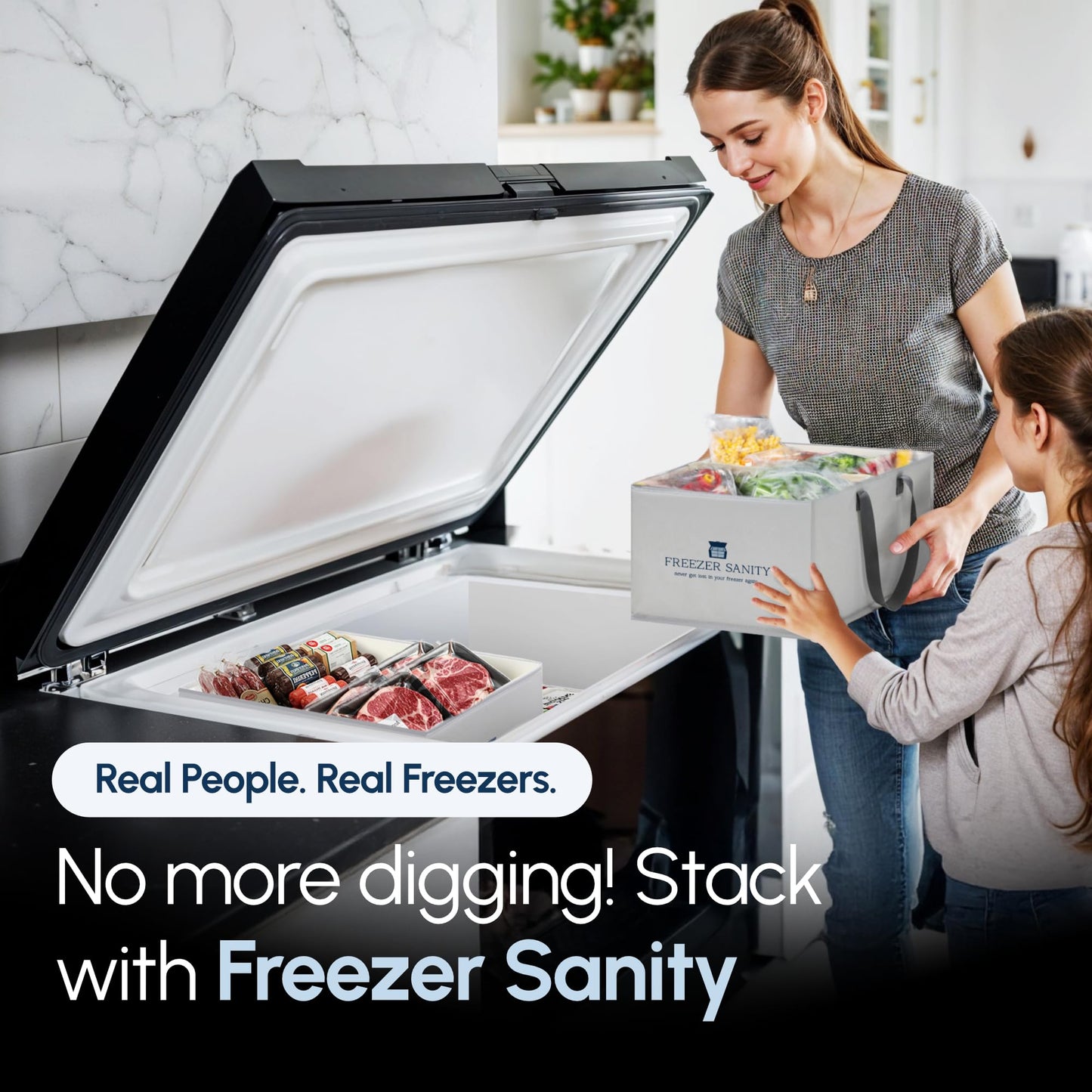FREEZER SANITY The Original Chest Freezer Organizer Bins, Stackable Storage Organizers, Deep Freezer Dividers, Handles, Heavy-Duty, Waterproof (Large 19x14x9)
