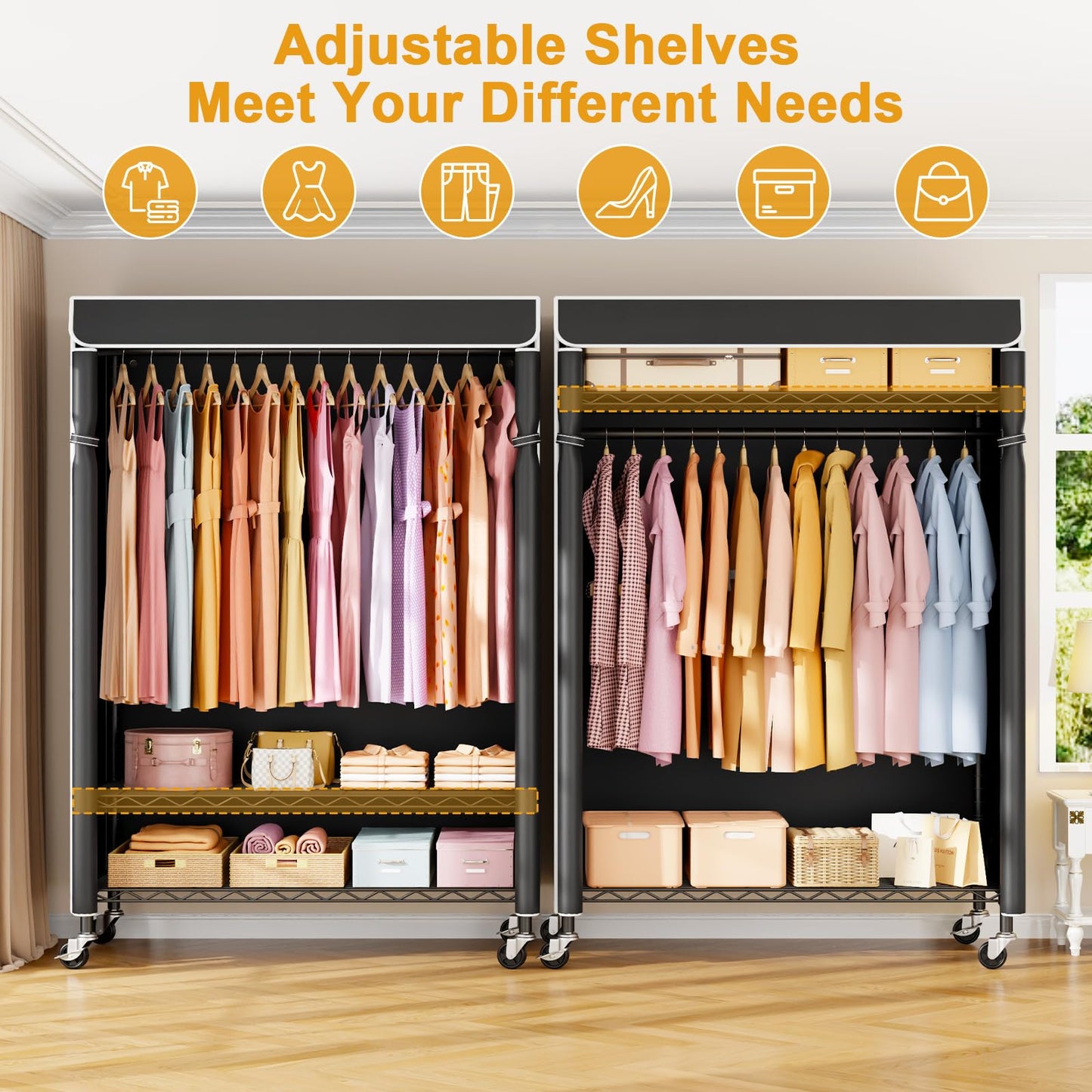 ULIFHOME P6C Plus Rolling Clothes Rack with Cover, Covered Clothing Rack Heavy Duty, Portable Closet for Hanging Clothes, Garment Rack on Wheels, Black Closet Rack with Black Cover, Max Load 375LBS