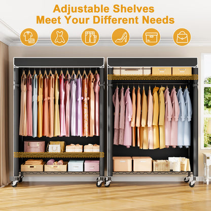 ULIFHOME P6C Plus Rolling Clothes Rack with Cover, Covered Clothing Rack Heavy Duty, Portable Closet for Hanging Clothes, Garment Rack on Wheels, Black Closet Rack with Black Cover, Max Load 375LBS