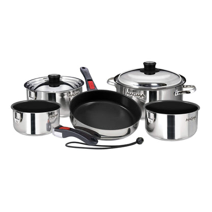 Magma 10 Piece Gourmet Nesting Stainless Steel Cookware Set with Ceramica Non-Stick, Induction Compatible, Oven Safe to 500°F - Suitable for All Stovetops, Removable Handles, Silver