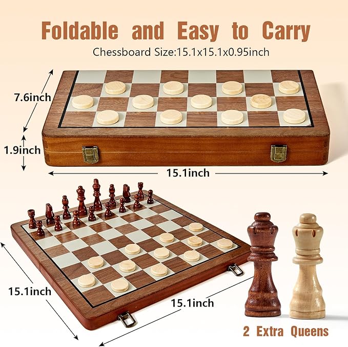 MerryPony 2 in 1 Magnetic Wooden Chess and Checkers Set 15 Foldable Chess set for Adults &amp Kids Chess Board with 2 Extra Queens Travel Chess Set with Pieces Storage Slots Ideal Chess for Begi