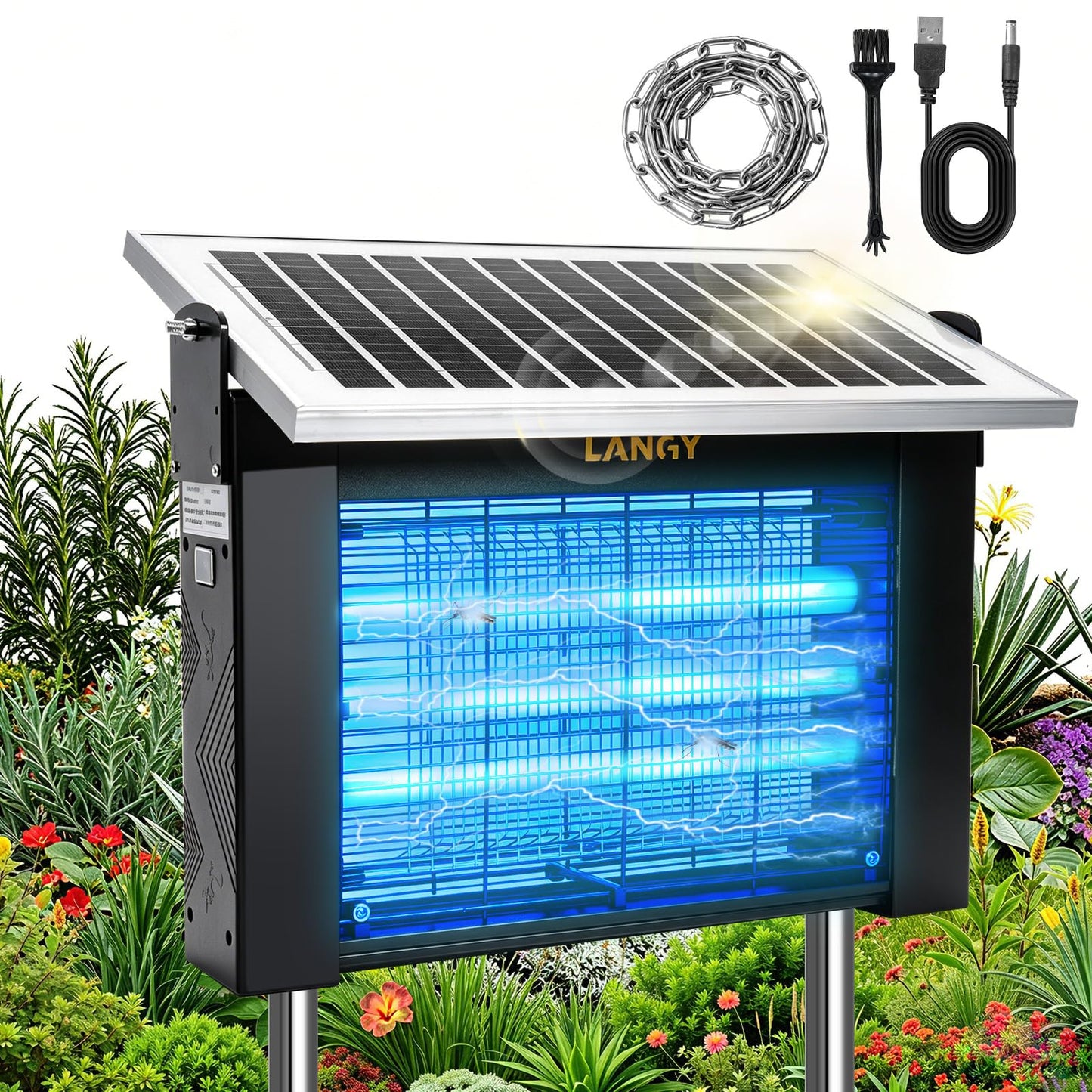 LANGY 10W Solar Bug Zapper Outdoor Waterproof, Upgrade 3-Tube 365nm Mosquito Zapper Solar Powered, Rechargeable 4500V Electric Cordless Fly Zapper Mosquitos Trap Auto On/Off for Yard Patio Camping