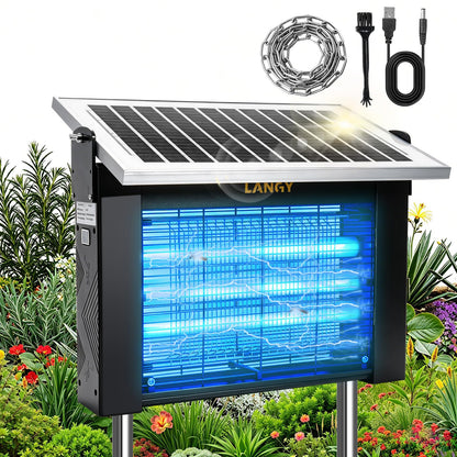 LANGY 10W Solar Bug Zapper Outdoor Waterproof, Upgrade 3-Tube 365nm Mosquito Zapper Solar Powered, Rechargeable 4500V Electric Cordless Fly Zapper Mosquitos Trap Auto On/Off for Yard Patio Camping