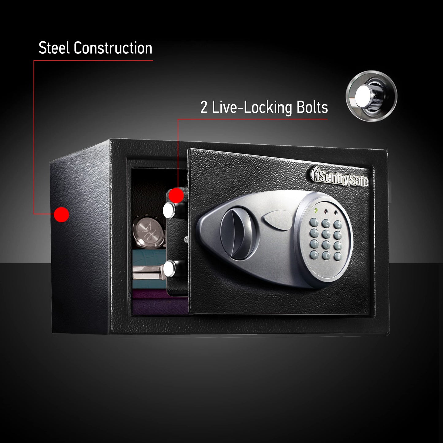 SentrySafe Safe with Digital Keypad Lock, Steel Safe with Interior Lining and Bolt Down Kit for Money, Jewelry, Electronics, 0.58 Cubic Feet, 8.7 x 13.8 x 9.7 Inches, X055